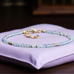 14k Gold Plated Aquamarine Beaded Bracelet. New.